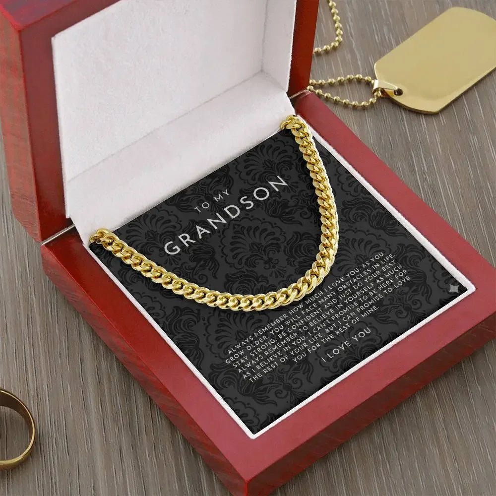 Gold chain necklace in a wooden gift box with a message card titled To My Grandson, elegant design