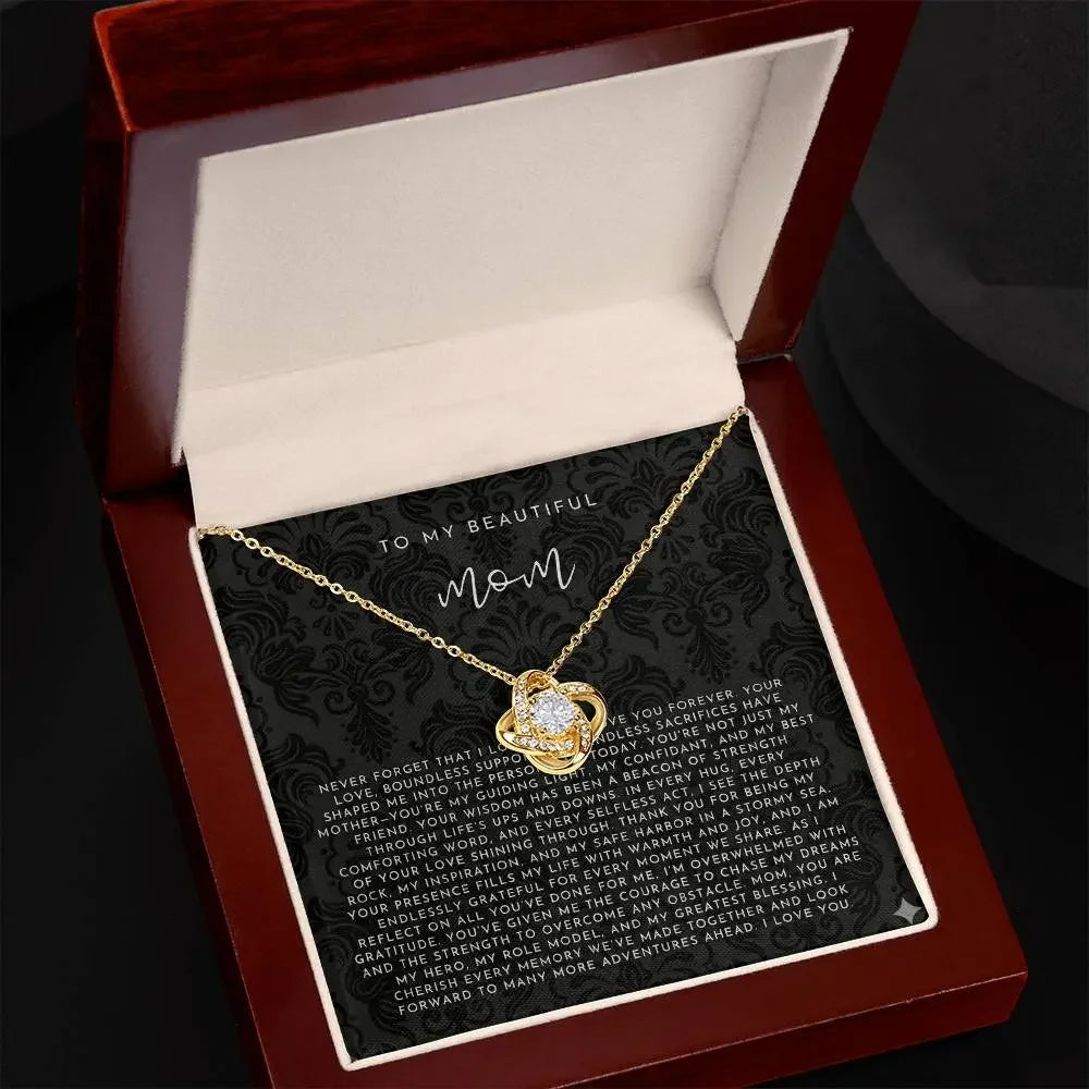 Elegant gold and diamond heart pendant necklace in wooden gift box with 'To My Beautiful Mom' card