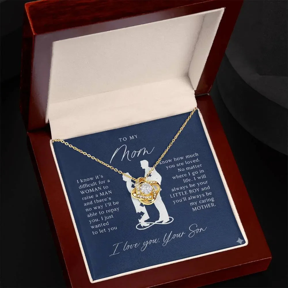 Gold knot pendant necklace in wooden gift box with sentimental message from son to mom