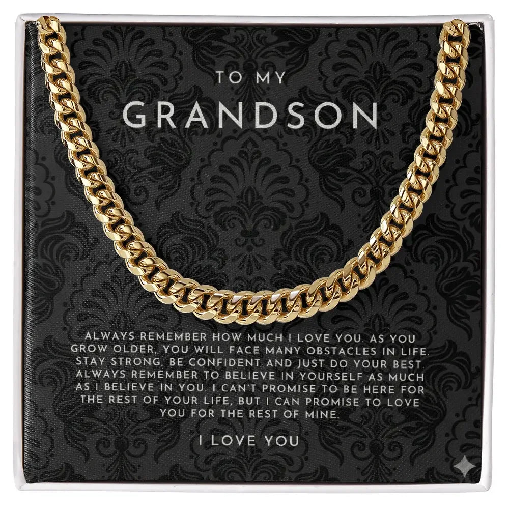 Gold chain necklace gift for grandson with inspirational love message on elegant black patterned card