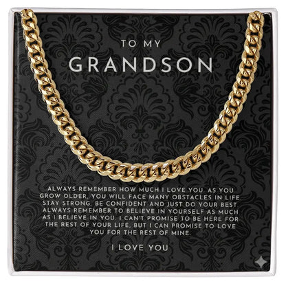 Gold chain necklace gift for grandson with inspirational love message on elegant black patterned card