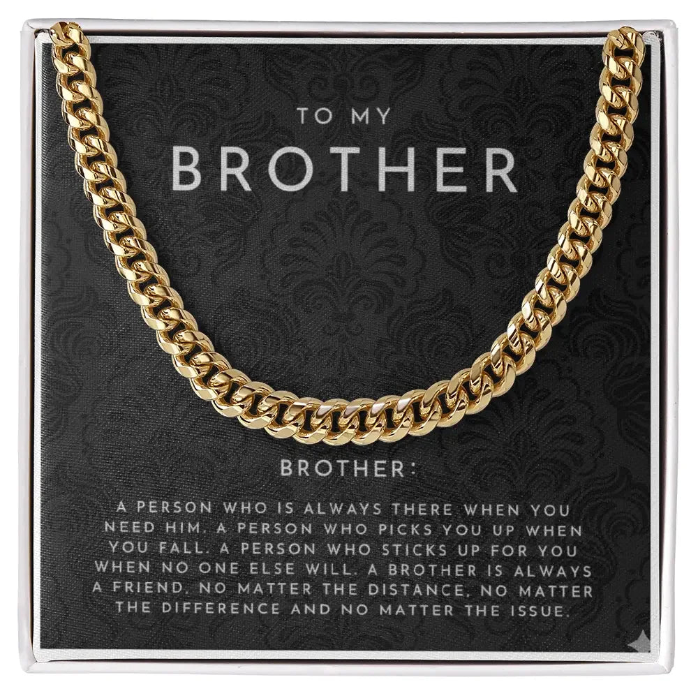 Gold chain necklace displayed on black card with brother appreciation message at Alanes store