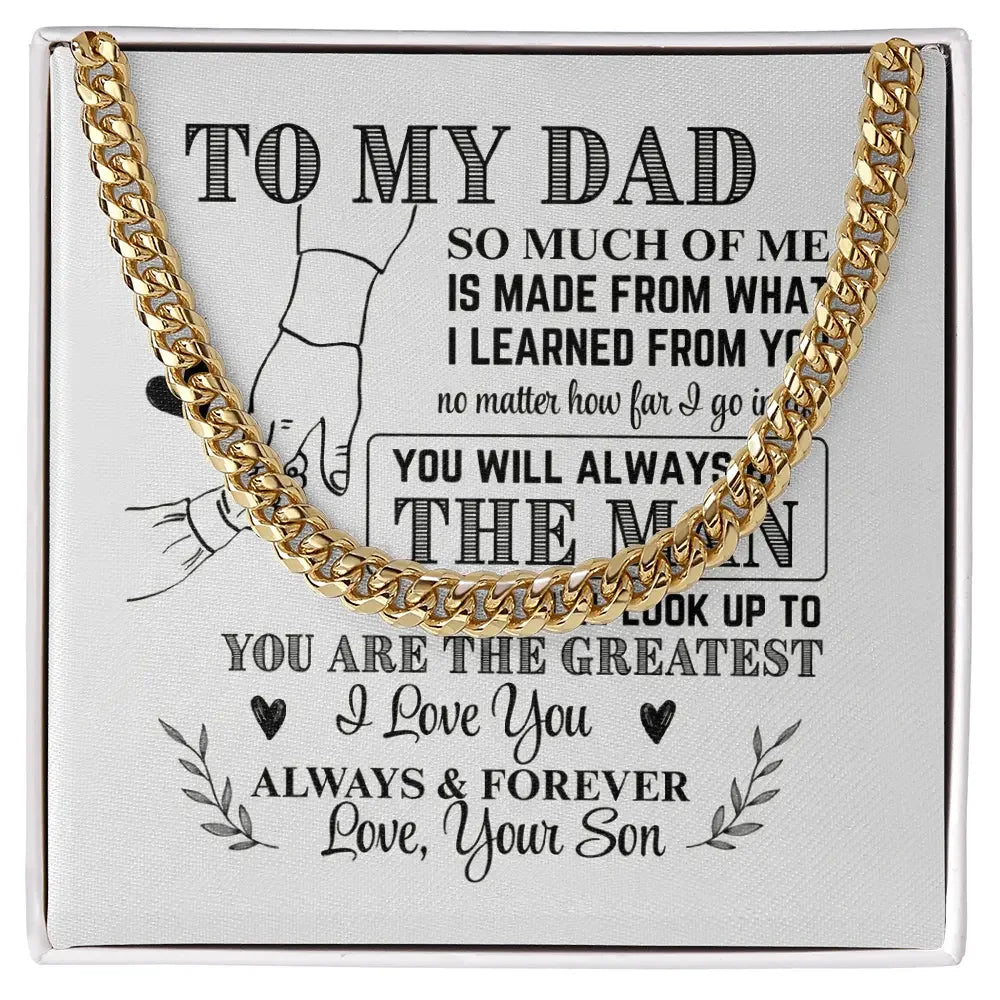 Gold chain necklace on a gift card with a heartfelt message to dad from son, expressing love and gratitude