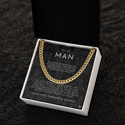 Gold chain necklace in a black and white gift box with a loving message "To My Man" from Alanes