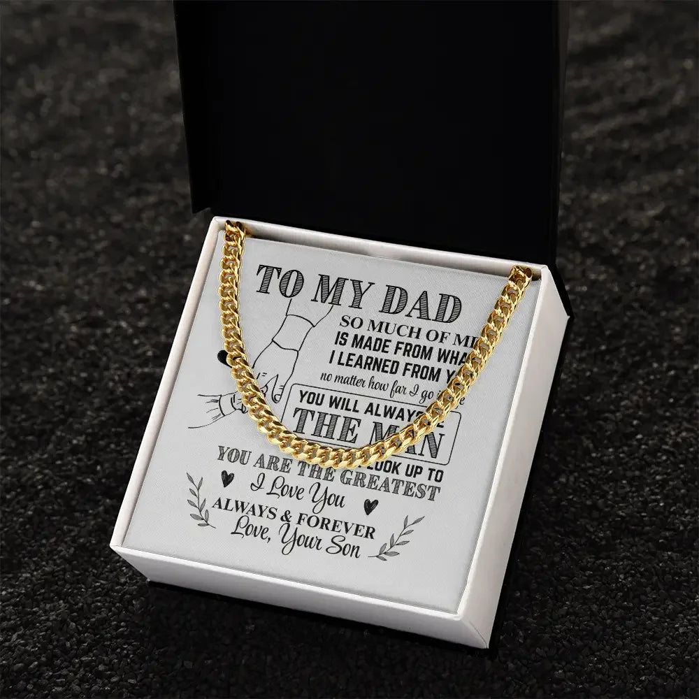 Gold chain necklace in white gift box with message card for dad, heartfelt son's message