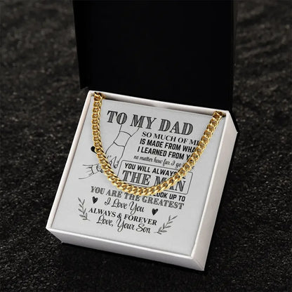 Gold chain necklace in white gift box with message card for dad, heartfelt son's message