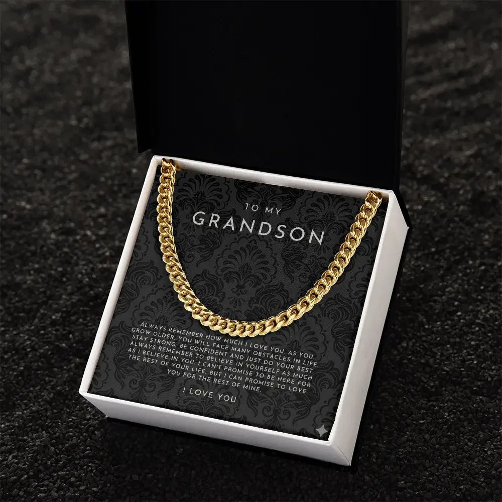 Gold chain necklace gift in black box with heartfelt message to grandson from Alanes