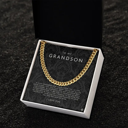 Gold chain necklace gift in black box with heartfelt message to grandson from Alanes