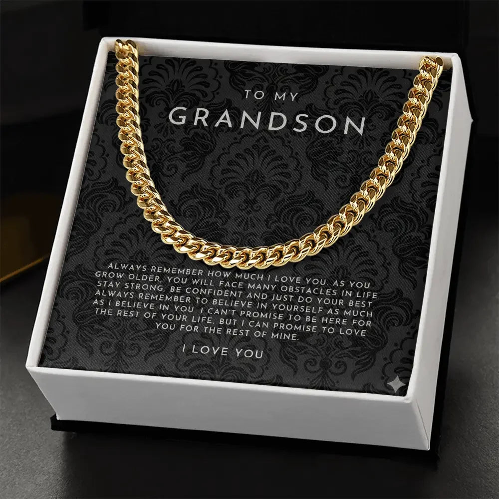 Gold chain necklace in gift box with a loving message to grandson from Alanes