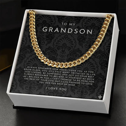 Gold chain necklace in gift box with a loving message to grandson from Alanes