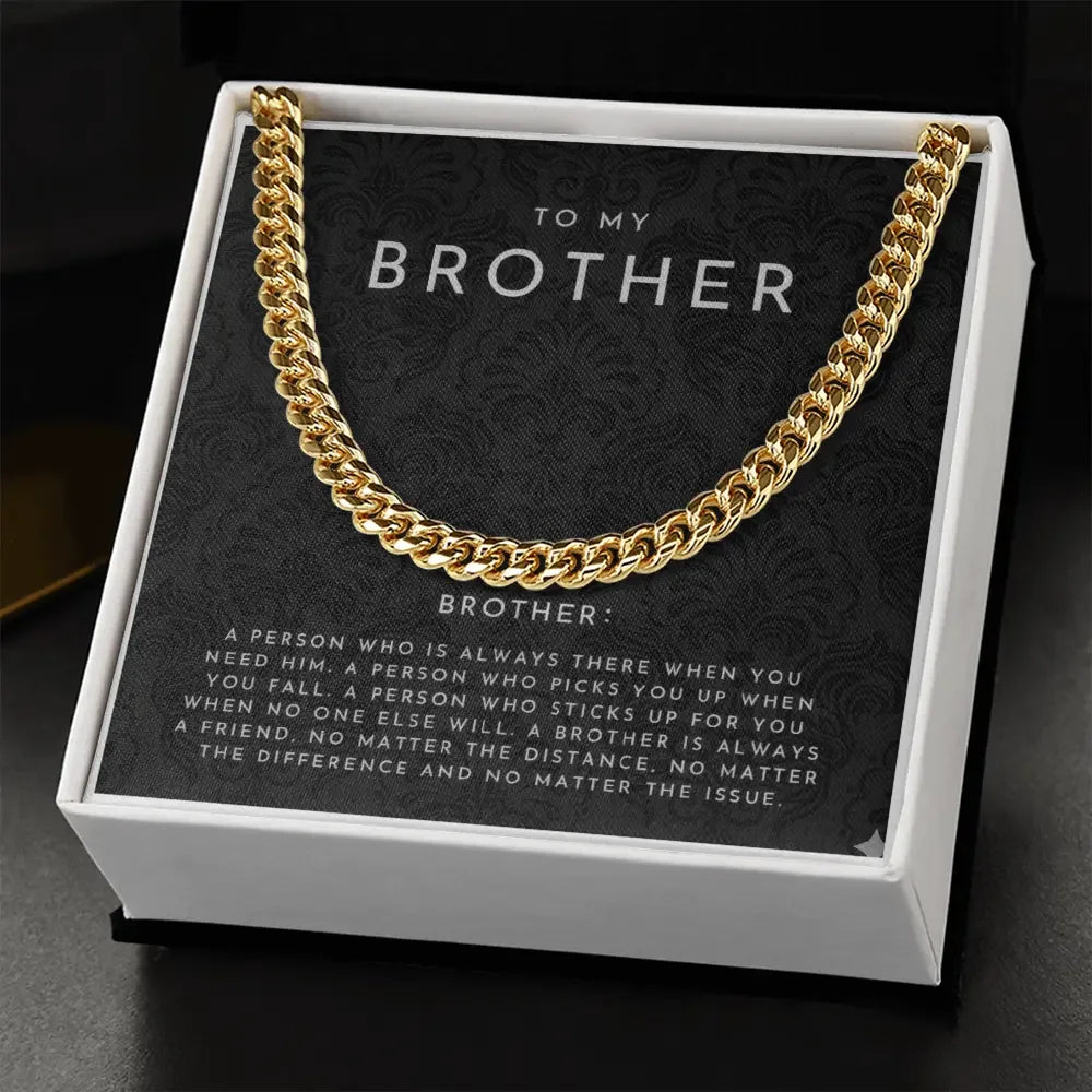 Gold chain necklace in a white gift box with a card that says To My Brother and a heartfelt message