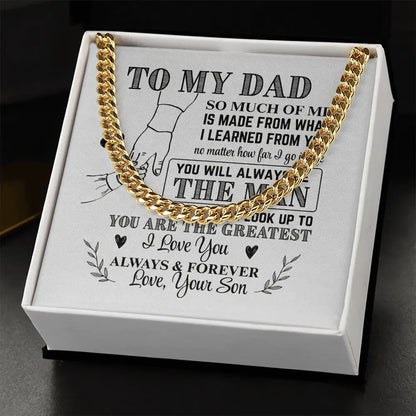 Gold chain necklace on a sentimental white box with a message from son to dad by Alanes