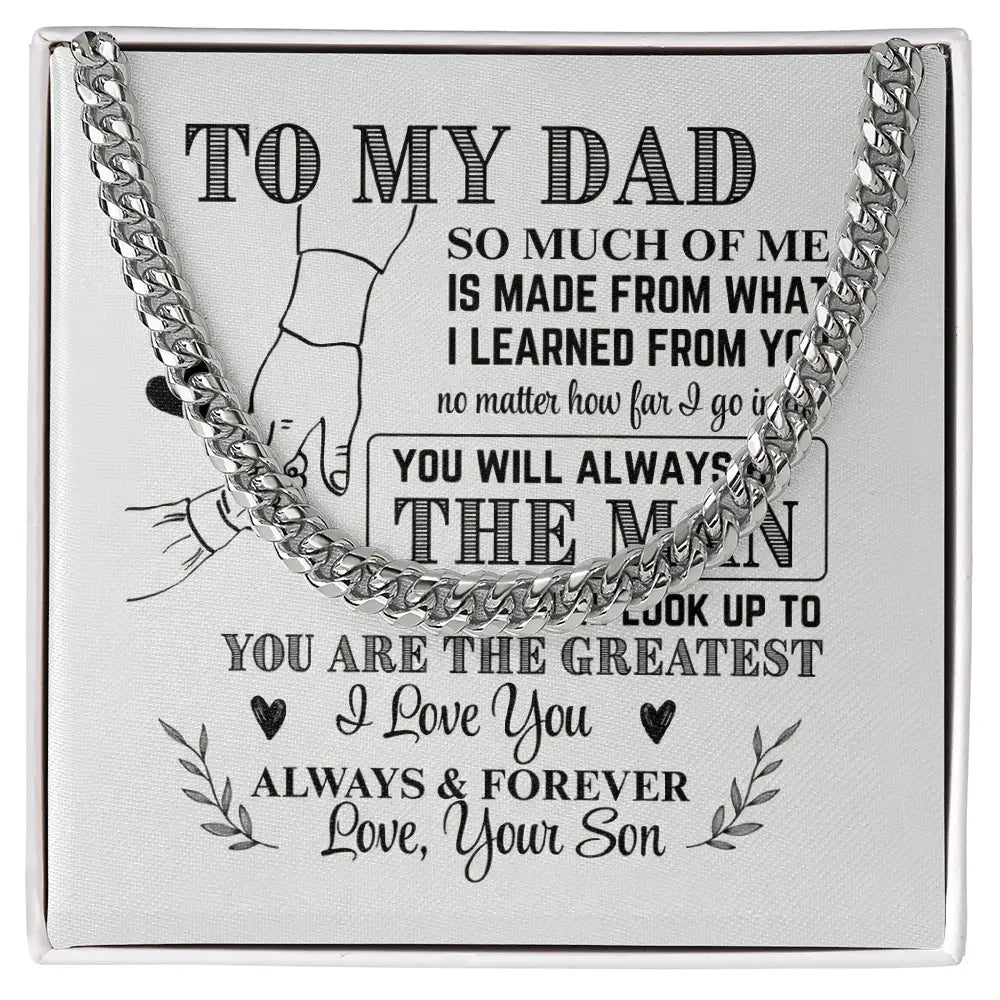 Silver chain necklace with sentimental message to dad on white card from son, gift box