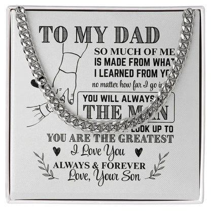 Silver chain necklace with sentimental message to dad on white card from son, gift box