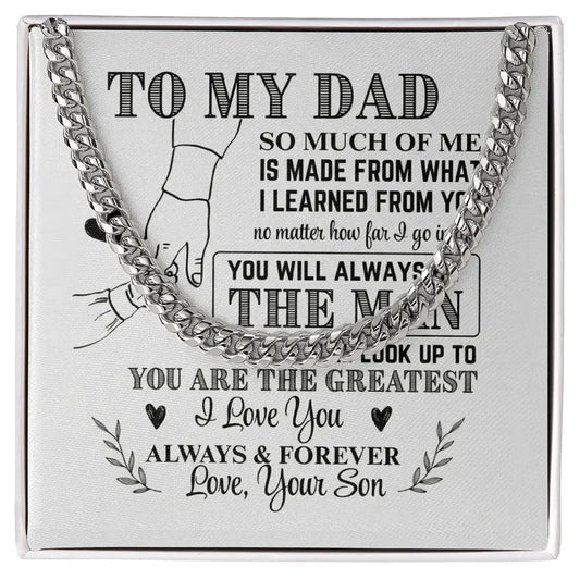 Silver chain necklace with sentimental message to dad on white card from son, gift box