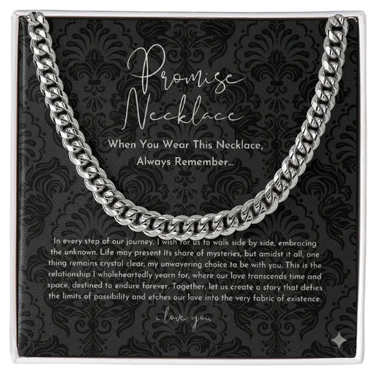 Silver promise necklace on black patterned card with romantic message, gift packaging by Alanes