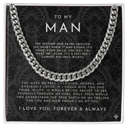 Silver chain necklace on a black decorative card with a romantic message to my man, expressing love and pride
