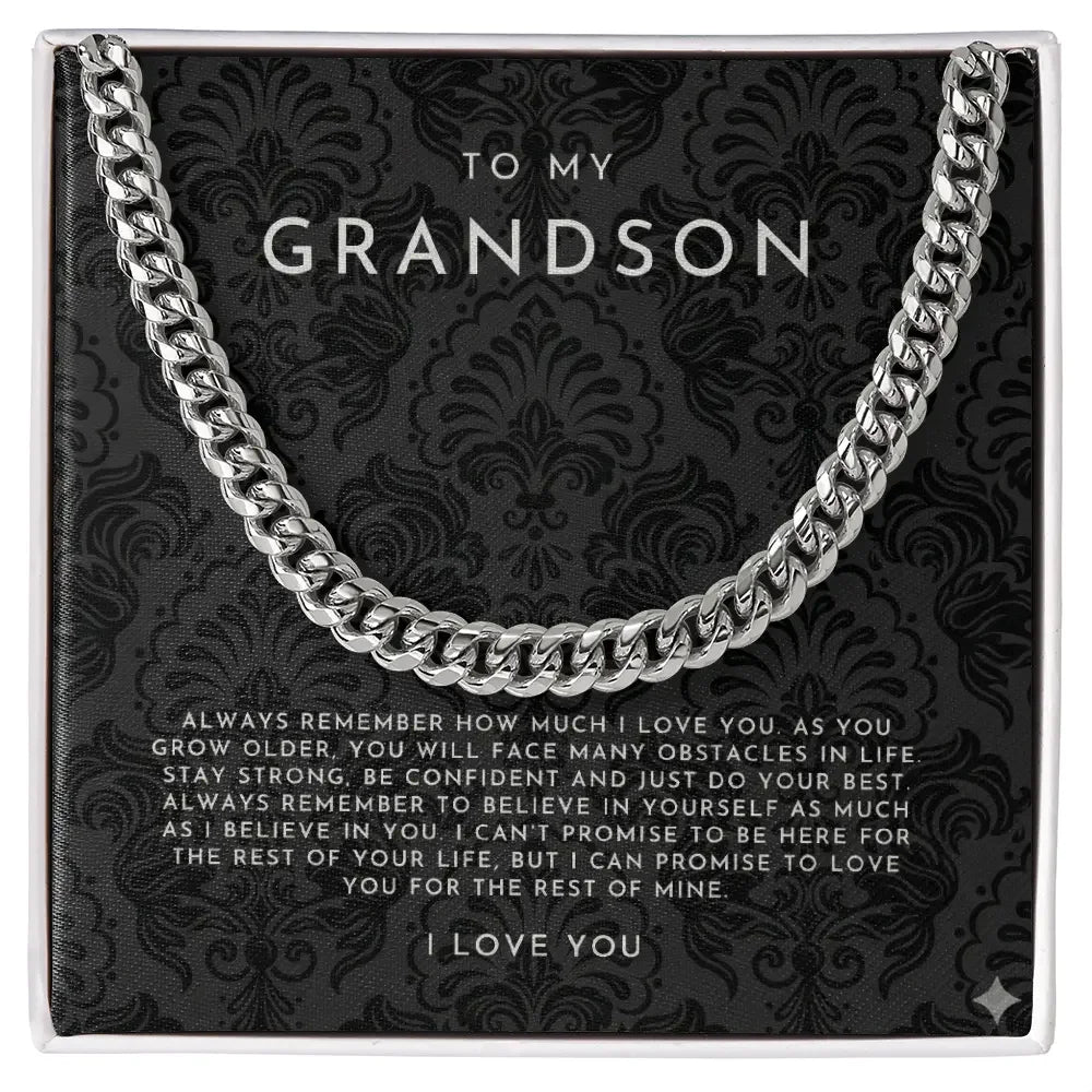 Silver chain necklace on black card with loving message to grandson from Alanes