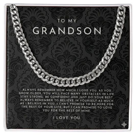 Silver chain necklace on black card with loving message to grandson from Alanes