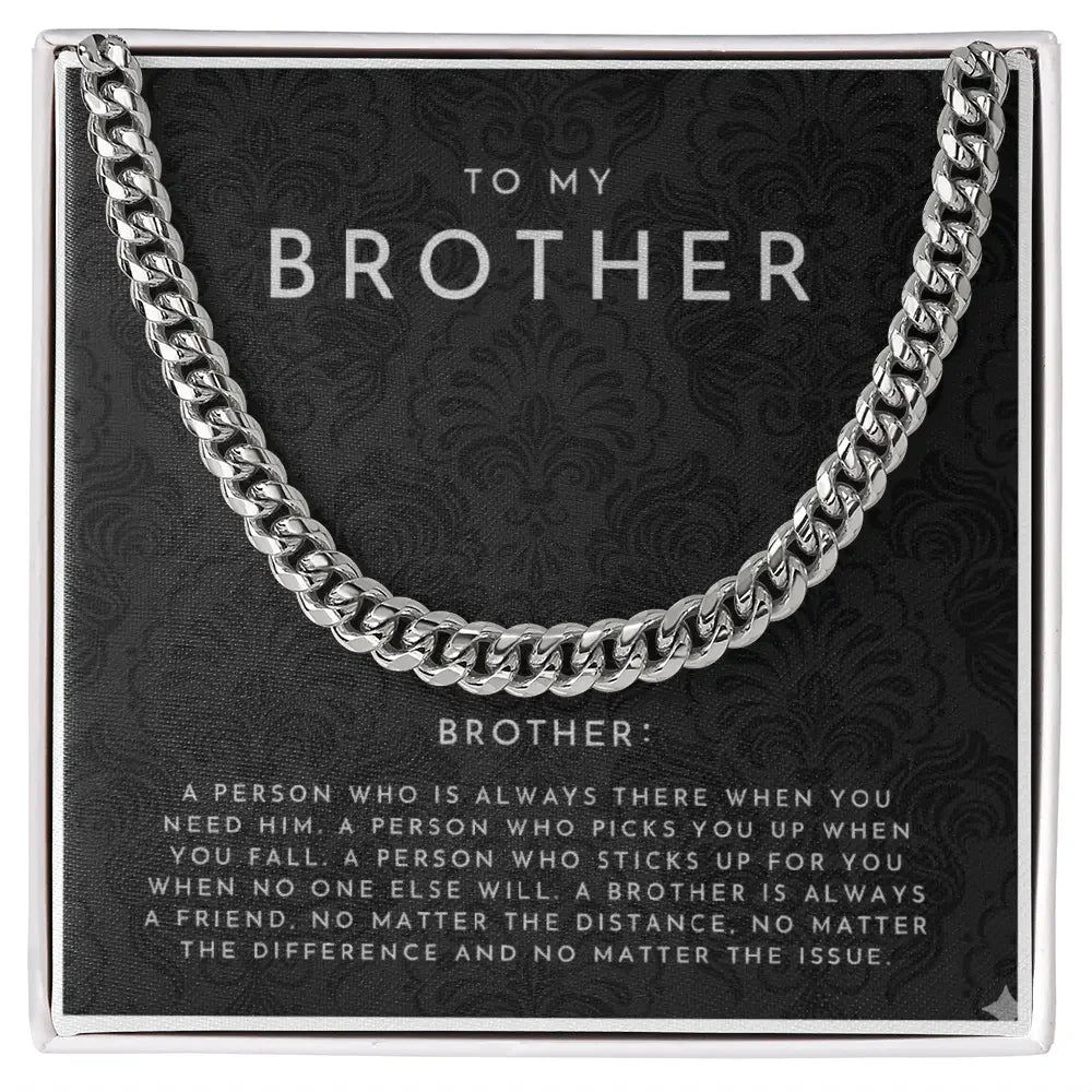 silver chain necklace on black card with brother tribute text in gift box from Alanes
