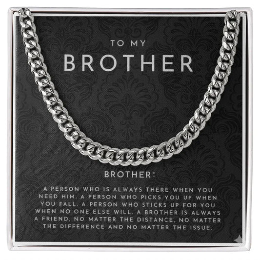 silver chain necklace on black card with brother tribute text in gift box from Alanes