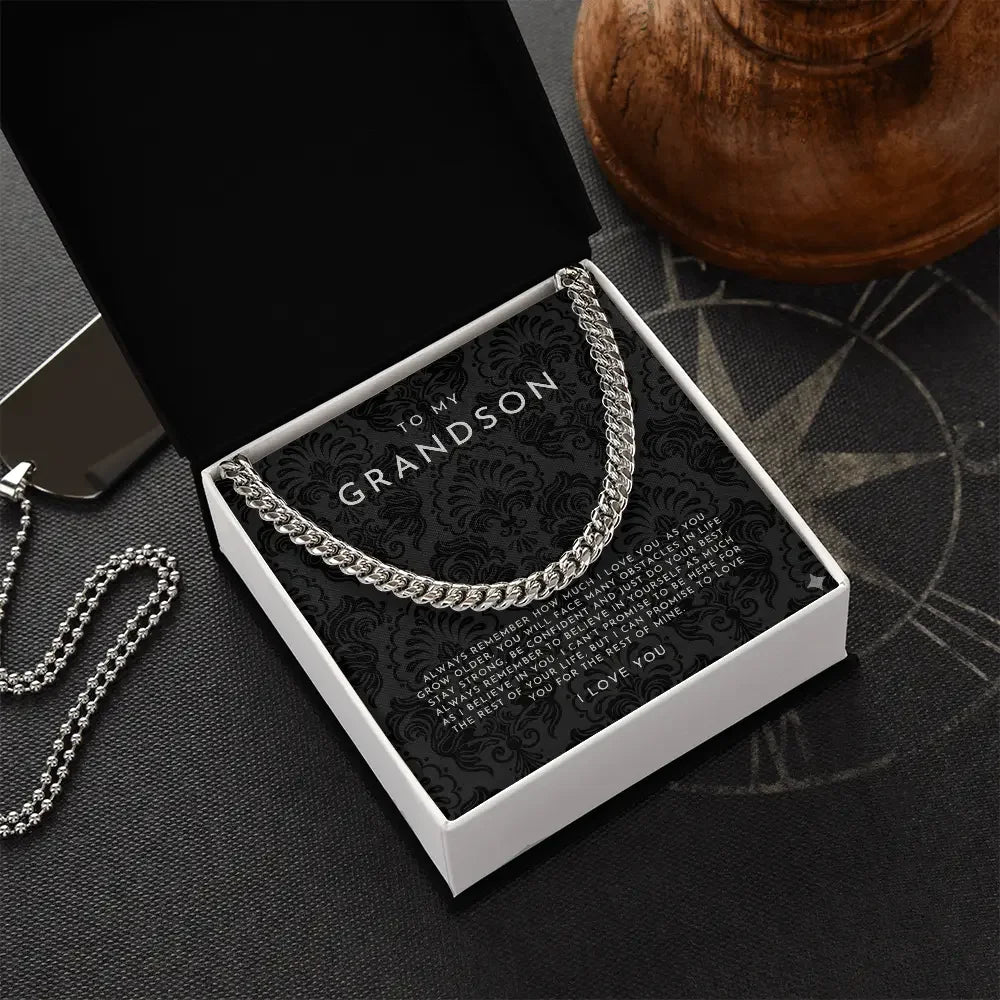 Silver chain necklace in a white gift box with message card to grandson from Alanes