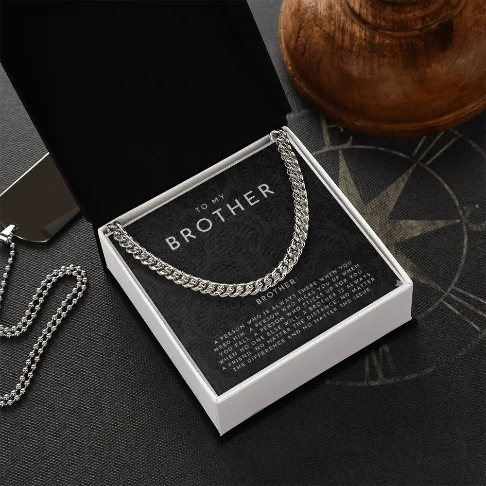 Silver chain bracelet in white gift box with black card that reads To My Brother, jewelry gift for brother