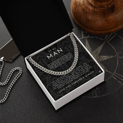 Silver chain necklace in a white gift box with a black patterned card reading To My Man message