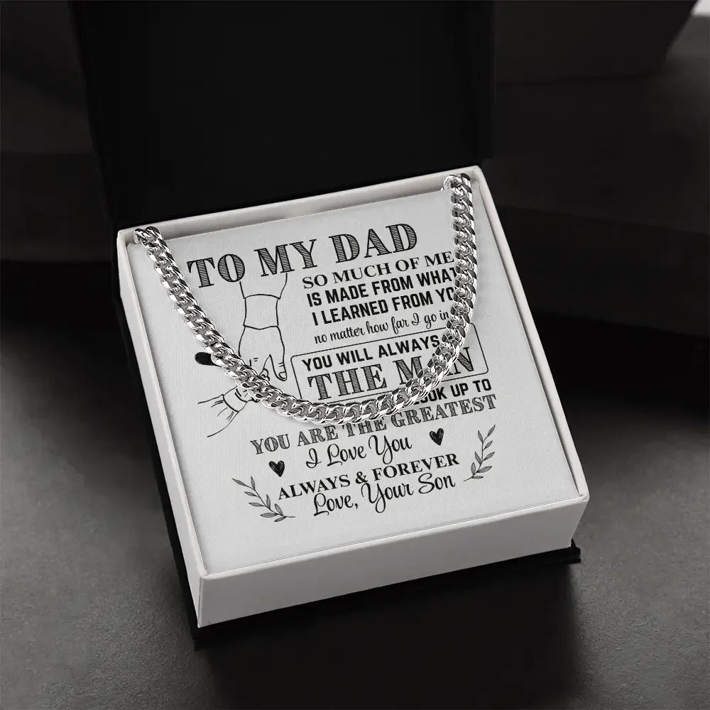 Silver chain necklace in gift box with heartfelt message from son to dad on white card