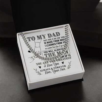 Silver chain necklace in gift box with heartfelt message from son to dad on white card