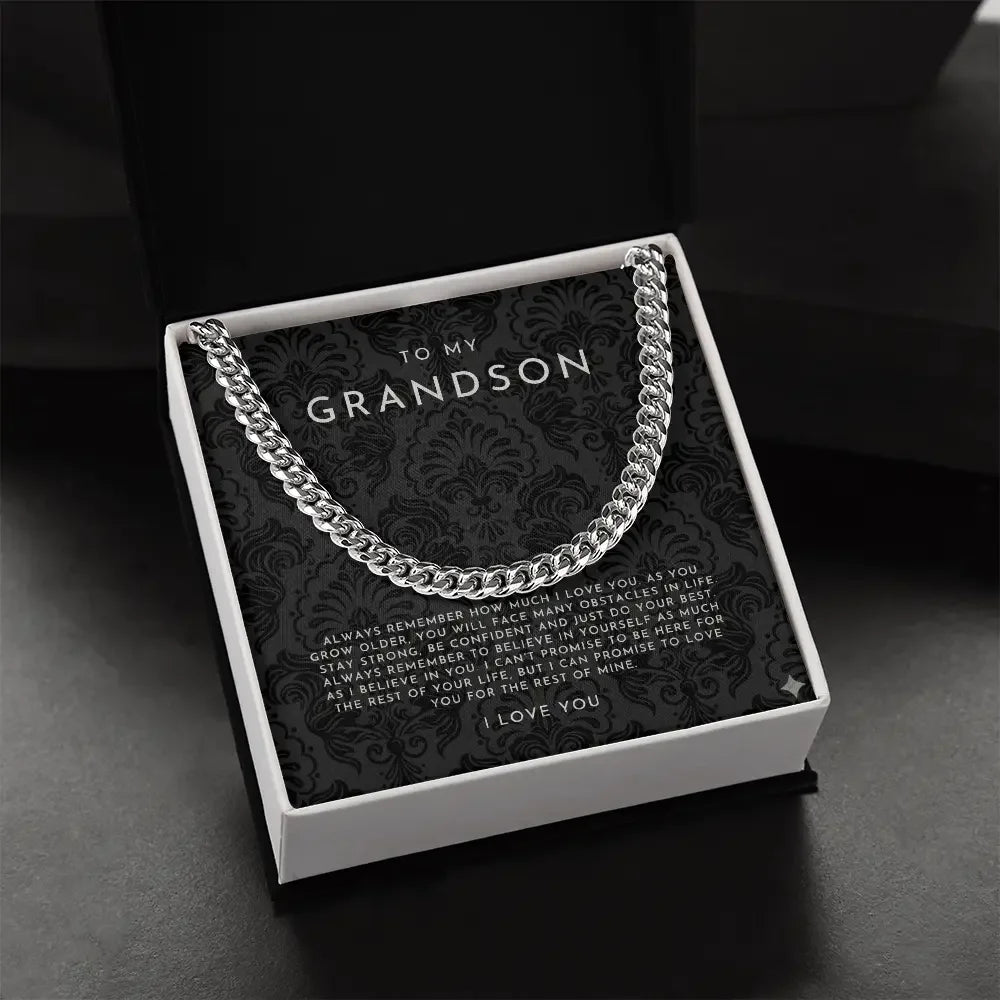 Silver chain necklace in black gift box with sentimental message to grandson from Alanes