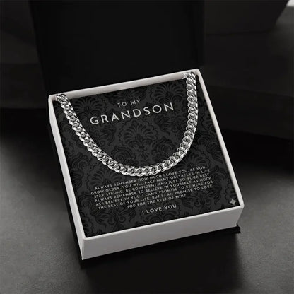 Silver chain necklace in black gift box with sentimental message to grandson from Alanes