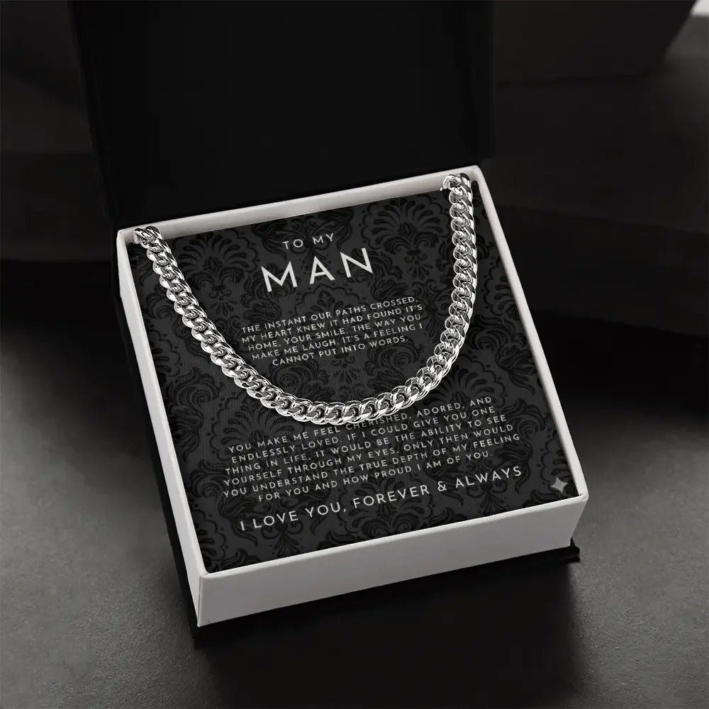 Silver chain necklace in black gift box with romantic message to my man from Alanes