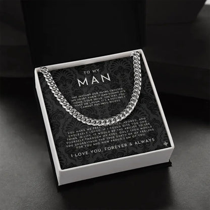 Silver chain necklace in black gift box with romantic message to my man from Alanes