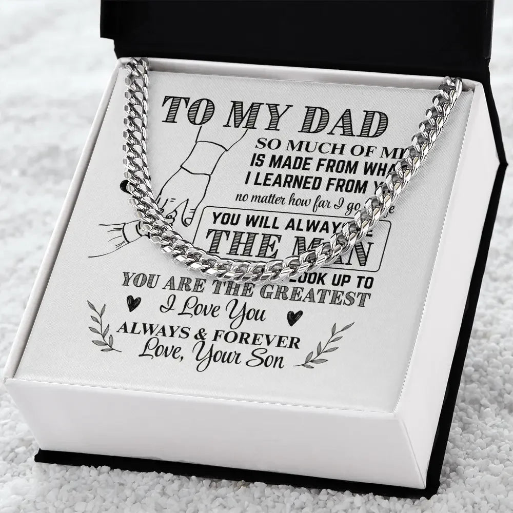 Silver chain necklace in gift box with sentimental message from son to dad, a heartfelt father's day gift