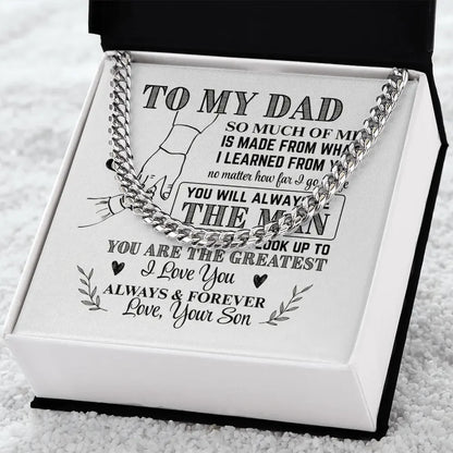 Silver chain necklace in gift box with sentimental message from son to dad, a heartfelt father's day gift