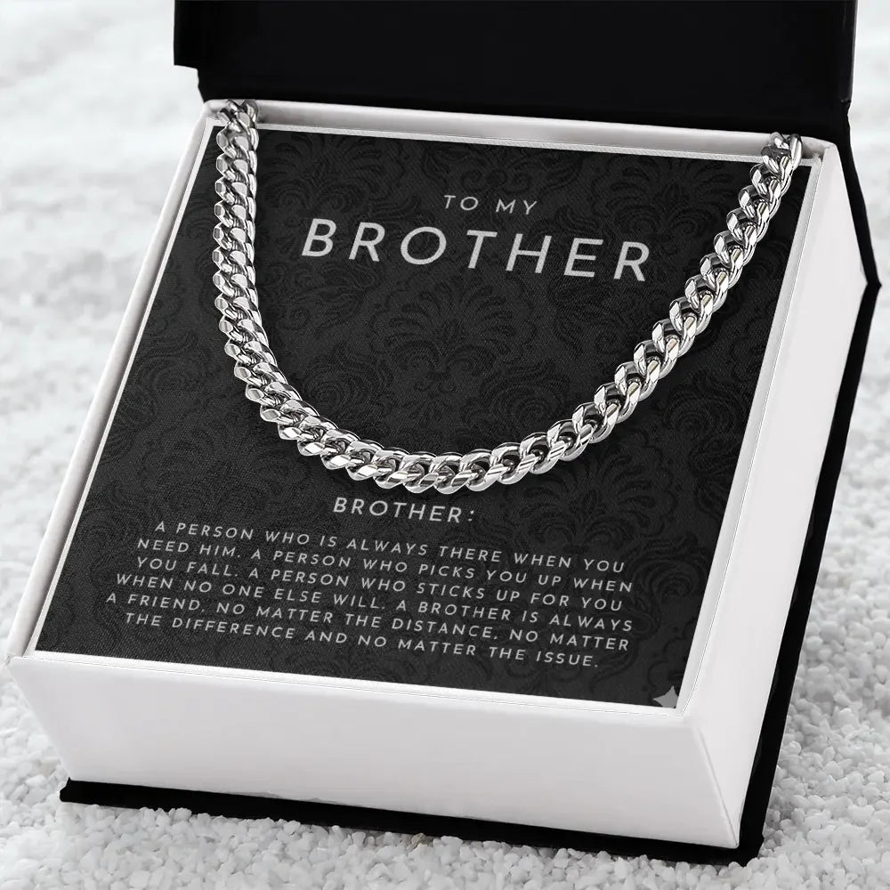Silver chain bracelet gift in black box with card reading To My Brother and heartfelt message