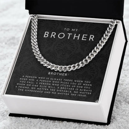 Silver chain bracelet gift in black box with card reading To My Brother and heartfelt message