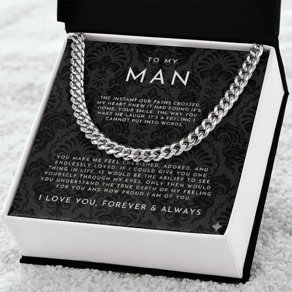 Silver chain necklace in a black gift box with romantic love message To My Man