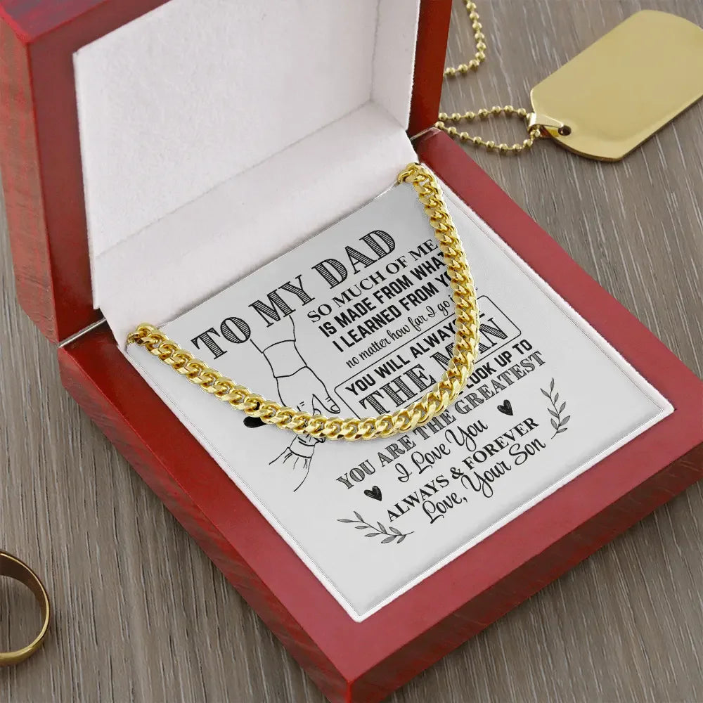 Gold chain necklace in a red gift box with a sentimental message for dad from son on white card