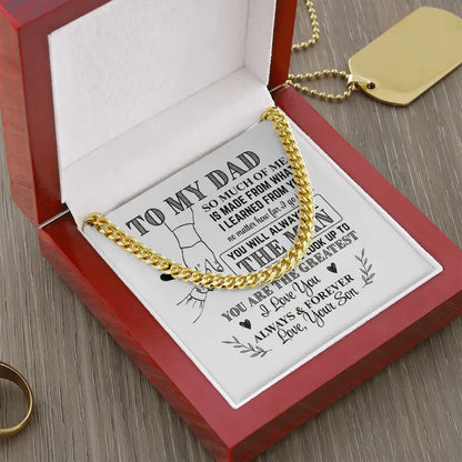 Gold chain necklace in a red gift box with a sentimental message for dad from son on white card