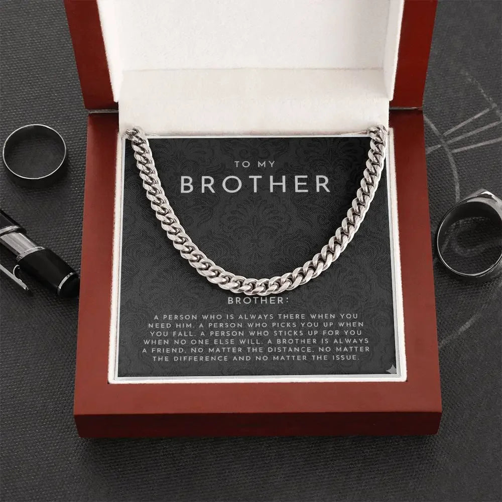 Silver chain bracelet in wooden box with heartfelt 'To My Brother' message card, stylish men's gift