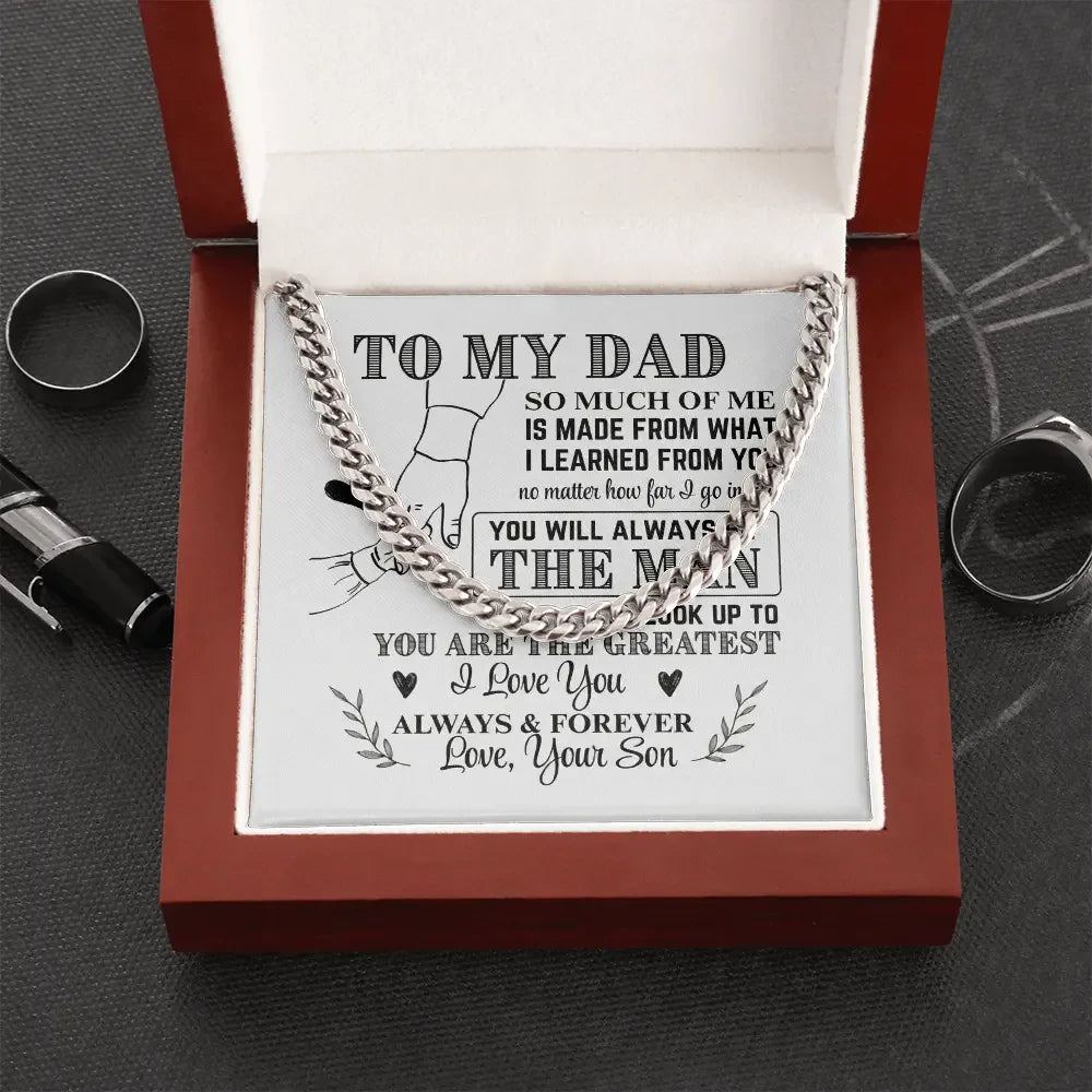 Silver chain necklace in wooden gift box with heartfelt message to dad from son, symbolizing love and appreciation