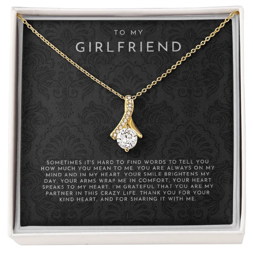 Gold and diamond pendant necklace in gift box with 'To My Girlfriend' message card from Alanes
