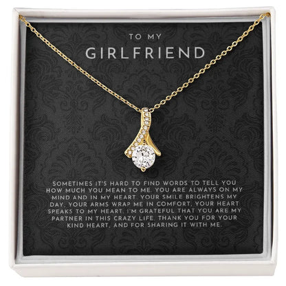 Gold and diamond pendant necklace in gift box with 'To My Girlfriend' message card from Alanes