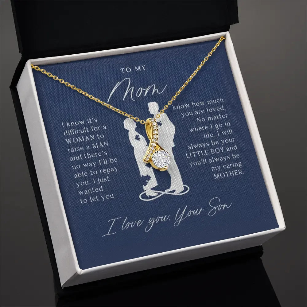 Gold and diamond pendant necklace in gift box with heartfelt son to mom message from Alanes