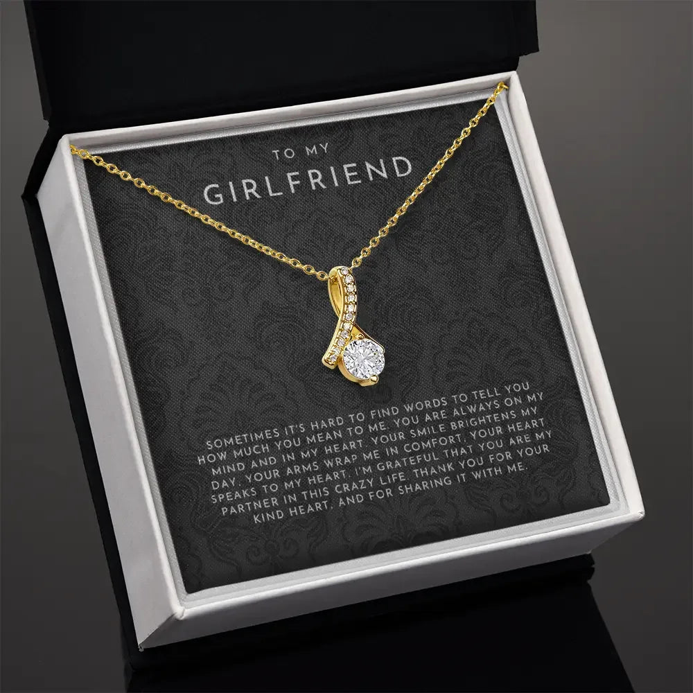 Gold necklace with diamond pendant in black gift box reading To My Girlfriend message by Alanes
