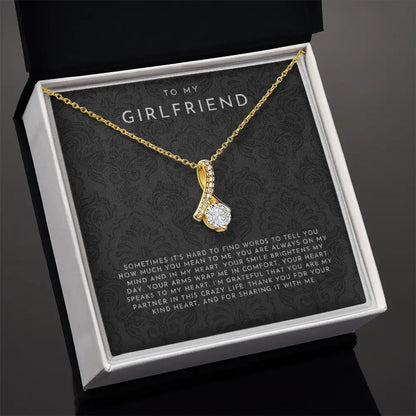 Gold necklace with diamond pendant in black gift box reading To My Girlfriend message by Alanes