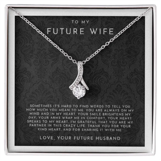 Elegant silver necklace with diamond pendant in gift box reading To My Future Wife message from future husband