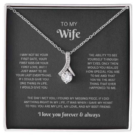 Silver necklace with sparkling pendant in black gift box, sentimental message for wife, romantic jewelry